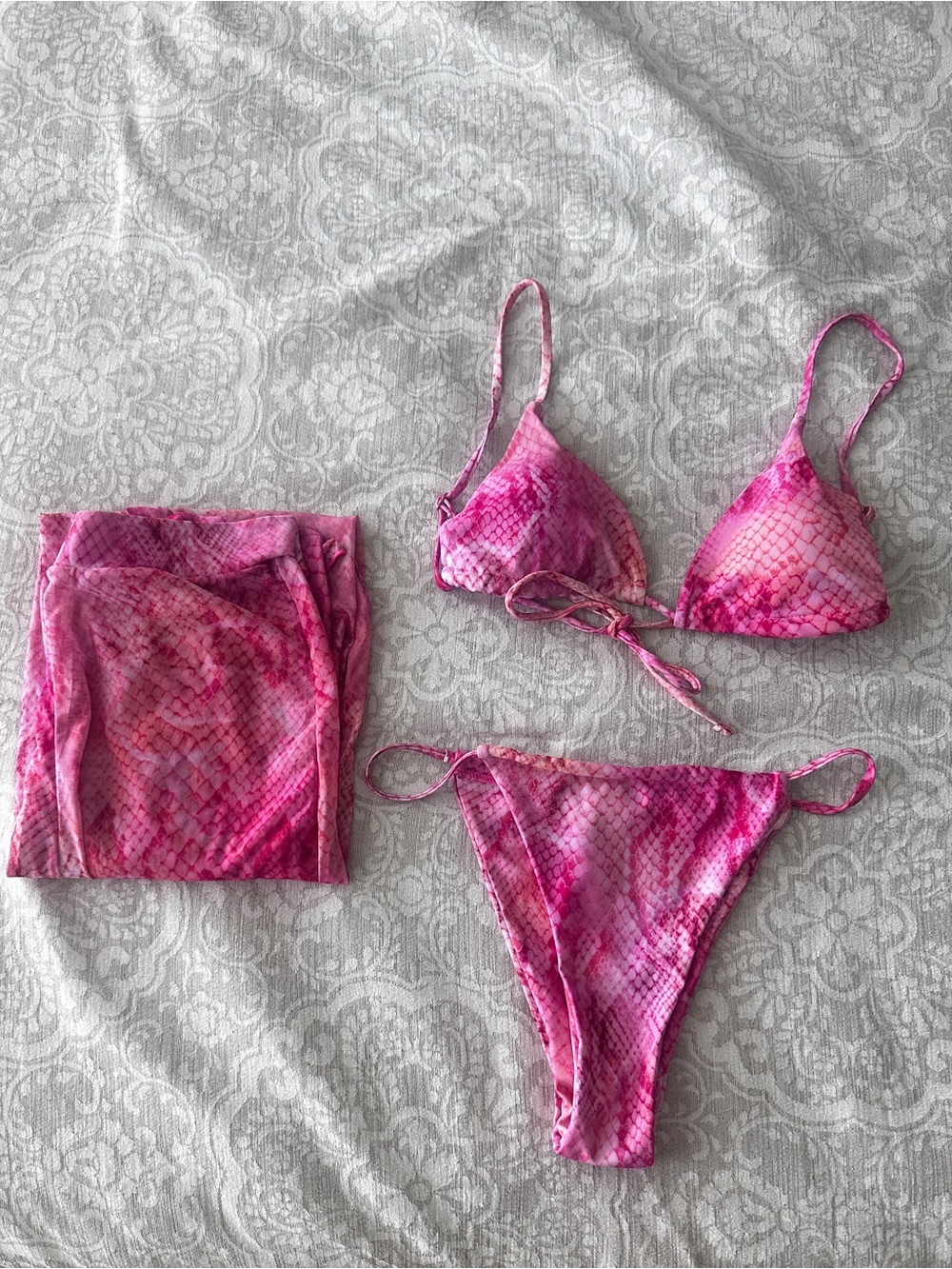 Shein 3 Piece Pink Snake Print Set Including Bikini and Mesh Pants